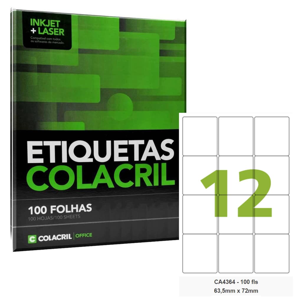 Etiqueta Adesiva A4 CA4364 63,5 x 72 mm 100 Folhas Colacril