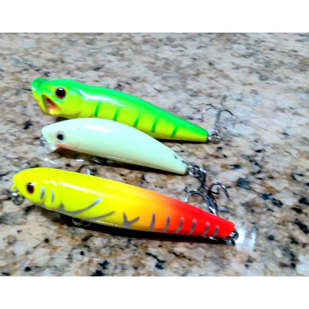 Combo com 3 Iscas Artificiais EMTA Plus ,Um Popper, Uma Meia Água e Uma  Zara para peixes predadores