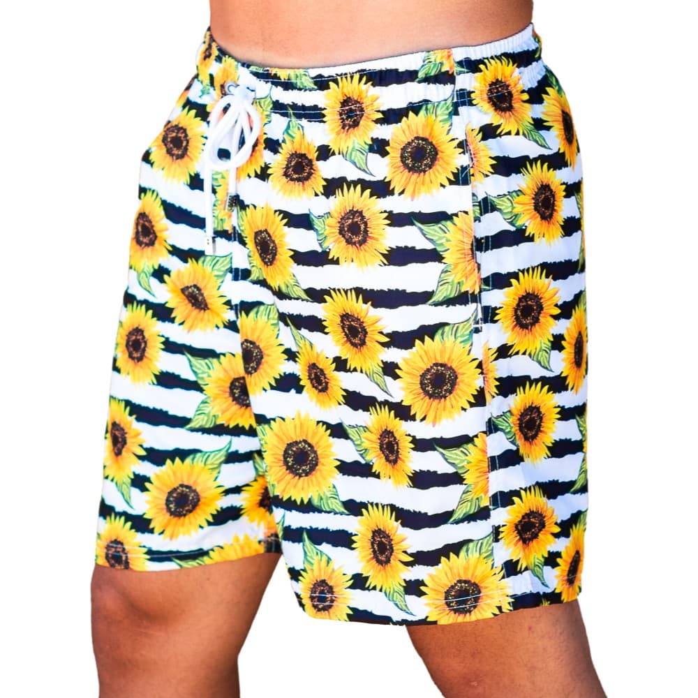 Short estampado girassol, short de poliéster, short tactel estampado, bermuda estampada, short com elástico