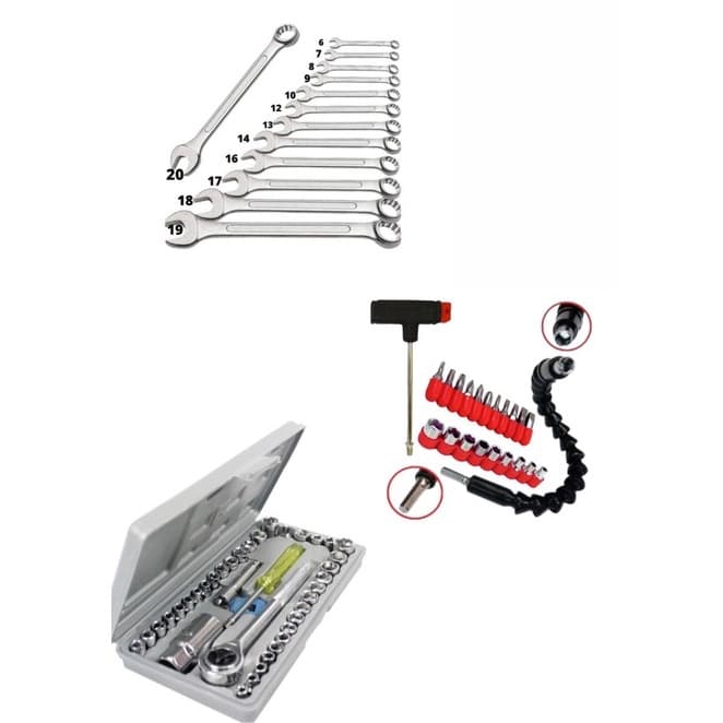 🔥PROMOÇÃO🔥 Jogo Kit de Chaves Combinadas Boca Estrela 13 peças + Kit 21 pcs Extensão/Eixo/Braço/Prolongado Flexivel 1/4 30cm + Extensor Chave T Bits em geral +Jogo de Soquete Catraca Reversível 40 Peça