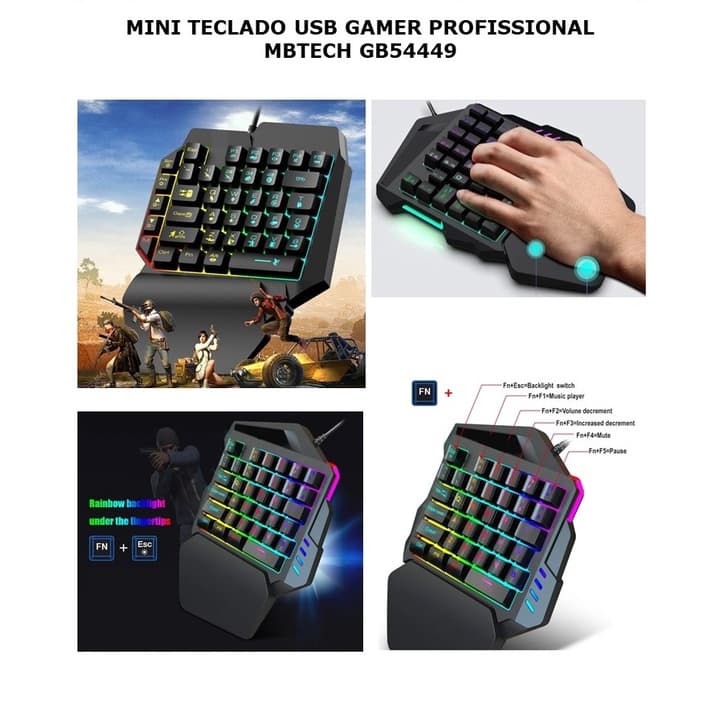 Mini Teclado de Uma Mão USB Rgb Multimídia Gamer Profissional GB54449 MBTECH
