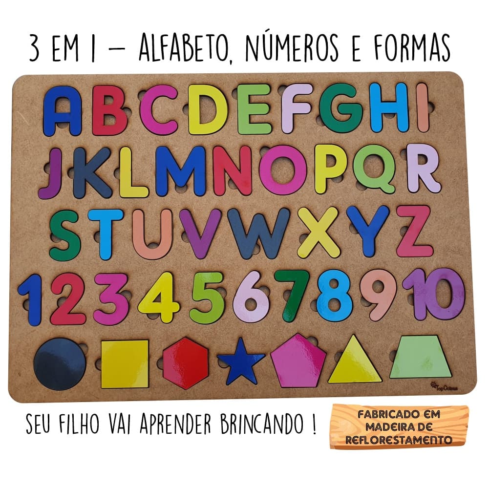 Tabuleiro Alfabeto Números Formas Brinquedo Madeira Educativo Alfabetização Aprendizado