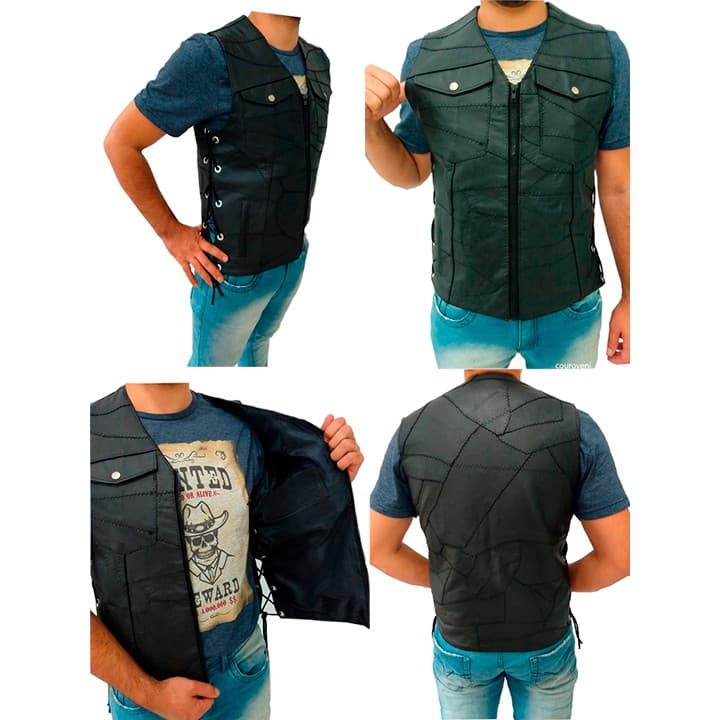 Colete Masculino Motociclista de Couro com Bolso Superior.
