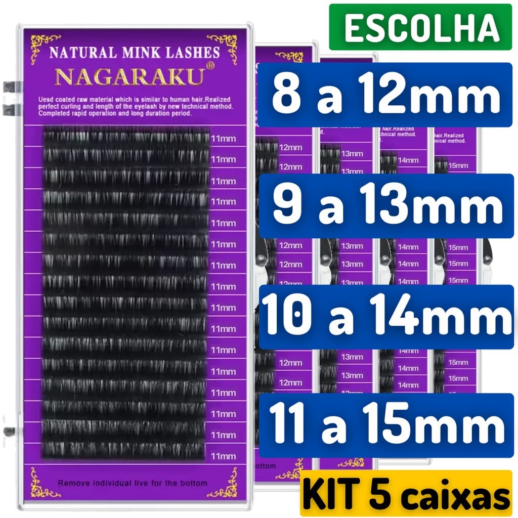 Kit 5un Cílios Nagaraku Fio a Fio C D 0.05 0.07 0.15 Volume Russo - Premium Extension Lashes