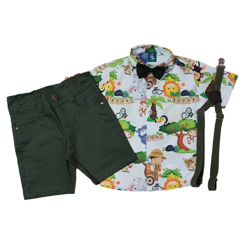 CONJUNTO DO SAFARI completa roupa festa Camisa, Gravata, Bermuda e Suspensório