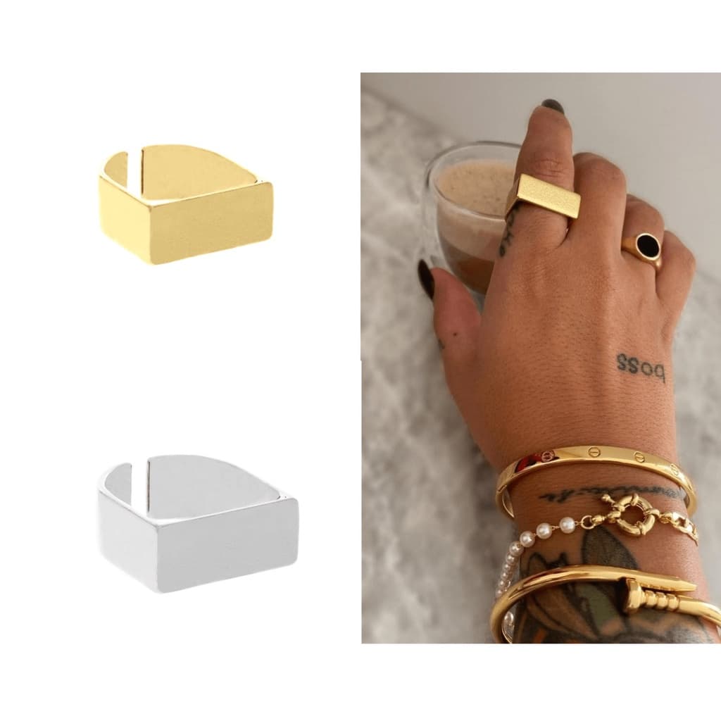 Anel Feminino quadrado Bloc Dourado Prateado 18k Levemente Ajustável