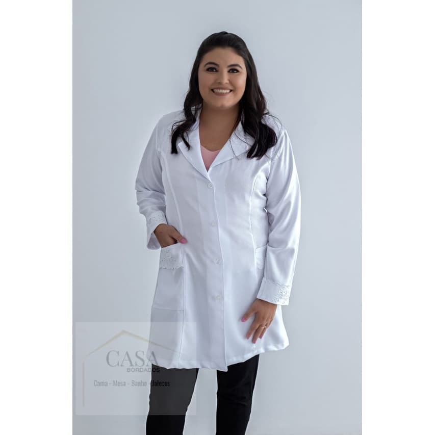 Jaleco Feminino Branco Bordado Tecido Microfibra 812 - Nininha Jalecos