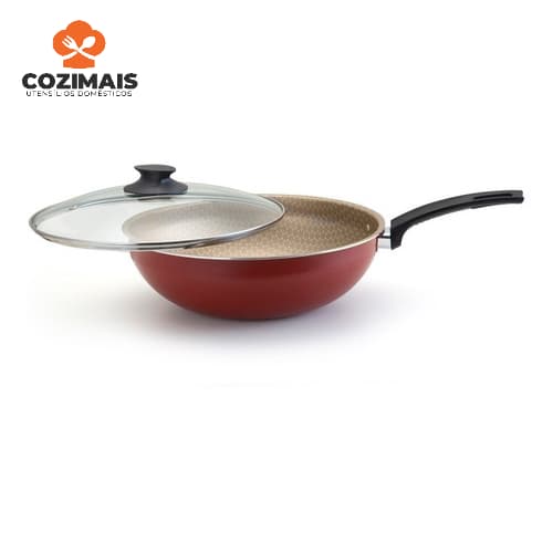 Wok Antiaderente Vermelho Luxury C/tampa E Cabo N°28