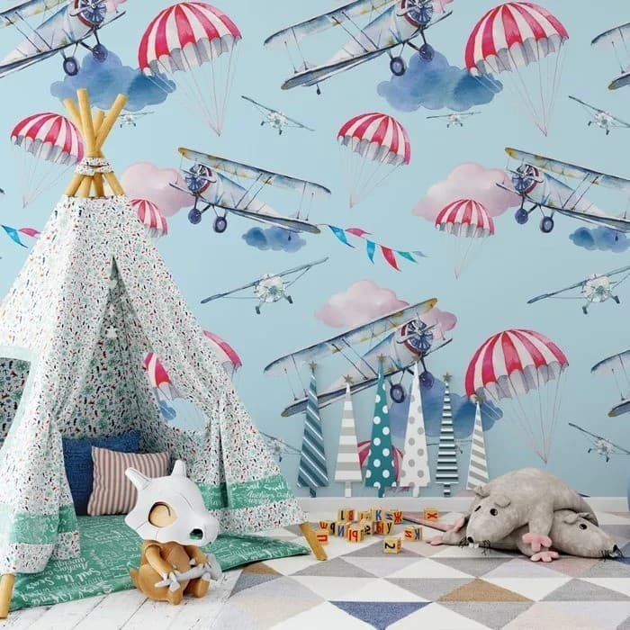 Papel Parede Adesivo Infantill Menino Avião Balão Fundo Azul