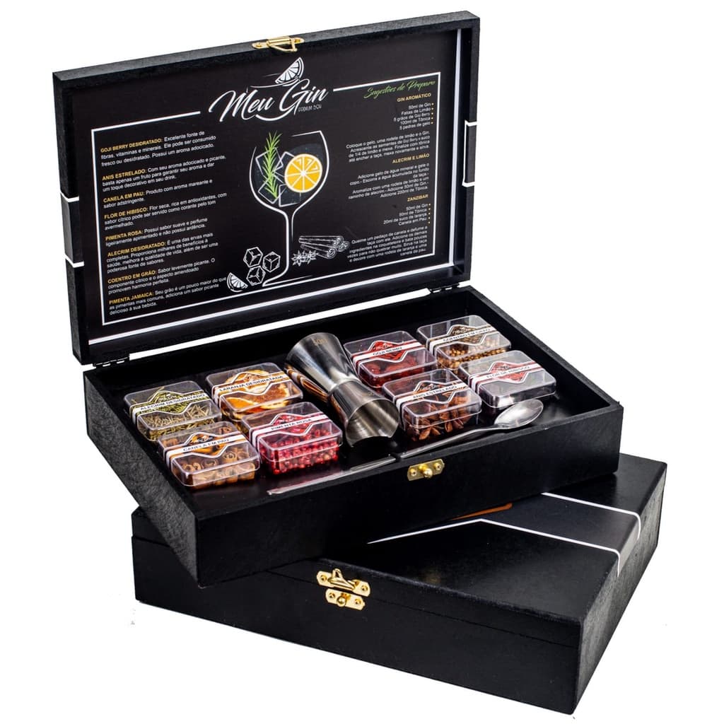 Kit 8 Especiarias Gin Tônica + Dosador Duplo Inox + Colher Inox