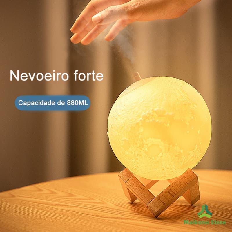 Umidificador luminária lua cheia 3D 880ml Abajur LED 3 Cores