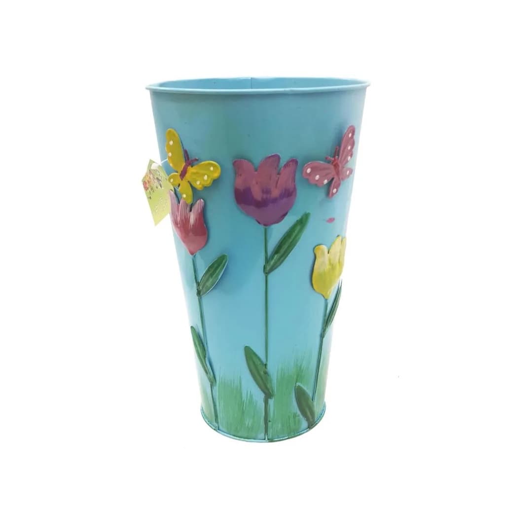 Vaso Metal Enfeite Jardim Quintal Varanda Borboleta Flor Azul