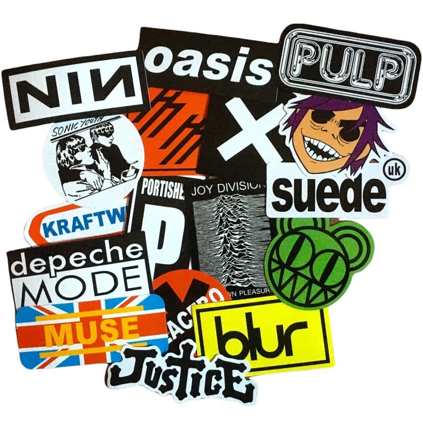 Kit 17 Adesivos Vinil Bandas Indie Decoração  Blur Depeche Mode Placebo Sonic Youth Radiohead Oasis Suede Pulp