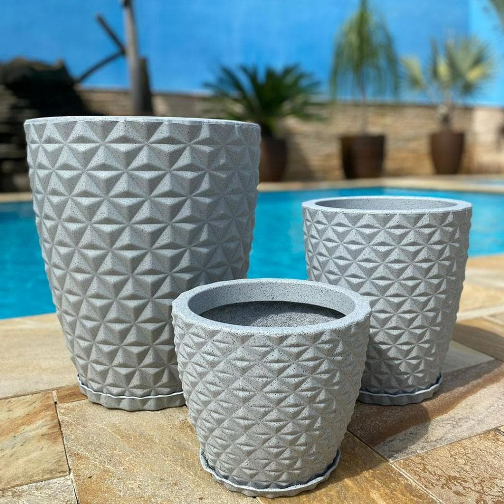 Kit 3 Vasos Polietileno Para Plantas Jardim Sala Casa Luxo Diamante Com Prato