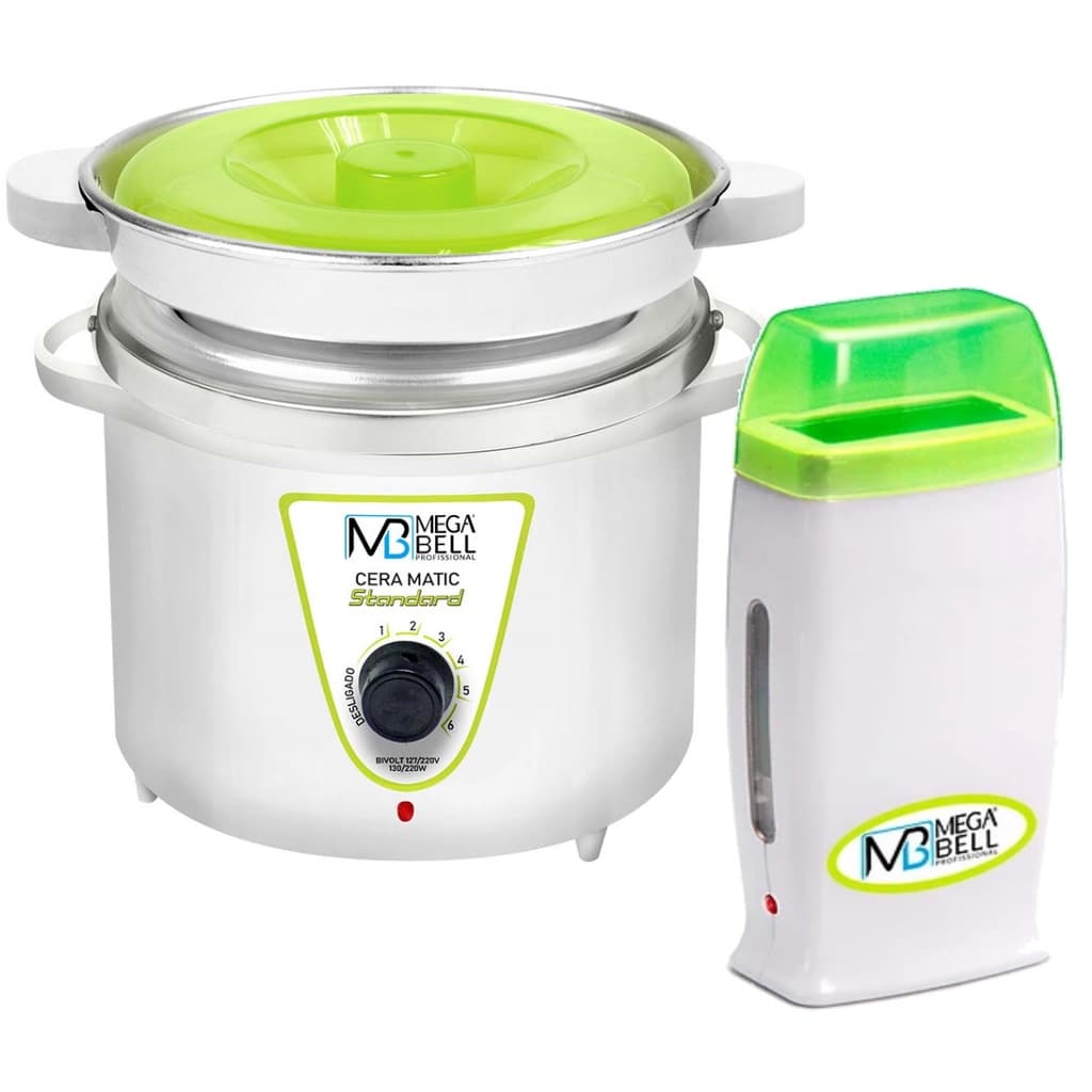 Kit Panela Depilação Termocera 900g Com Refil + Aquecedor de Cera Rollon Branco com Verde Limão