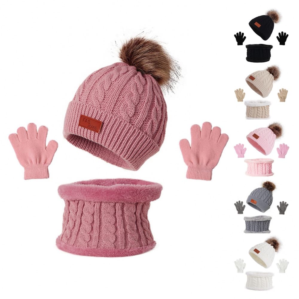 3PCS Kids Hat Scarf Gloves Set Winter Beanie Com Luvas De Lenço De Inverno Velo Quente De Malha Grossa Forrado Para Meninas De 1-5 Anos Toddler