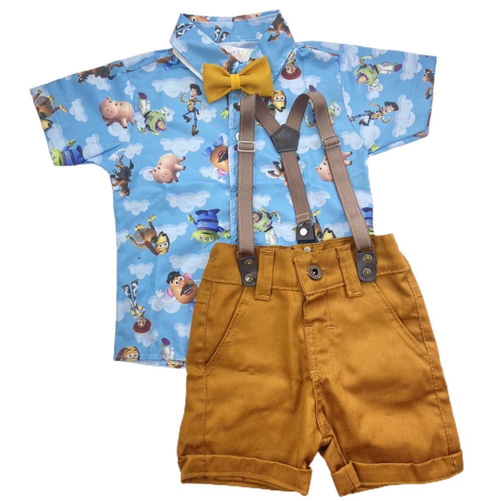 CONJUNTO TOY STORY temático roupa para menino infantil festa Camisa Gravata Bermuda e Suspensório