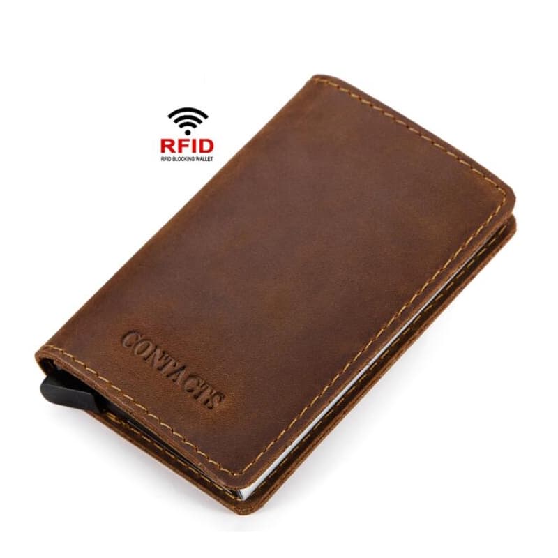 Porta-Cartões De Crédito Em Alumínio + Couro Genuíno Rfid Lock Purse Money Wallet