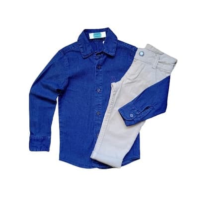 Roupa Conjunto Infantil Social Masculina Camisa Jeans + Calça Bege 01-08