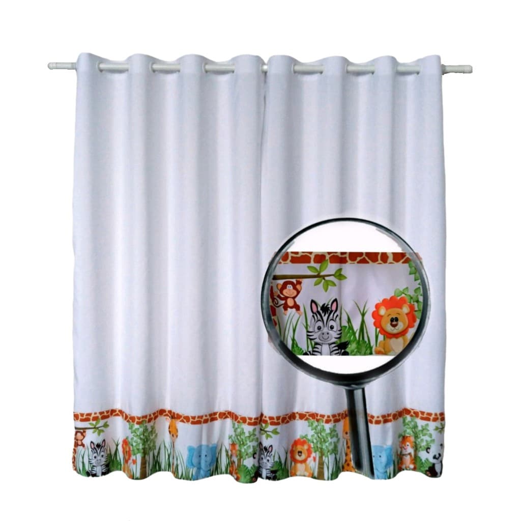Cortina Safari Branco Quarto Infantil Bichos Zoo 2,60 L x 1,70 A Janela Padrão