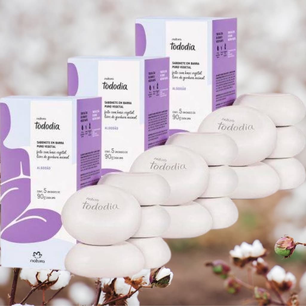 Caixa com 5 Sabonetes em Barra Algodão - 5 unid de 90g cada - Natura Tododia Puro Vegetal Original na Caixa Envio Imediato