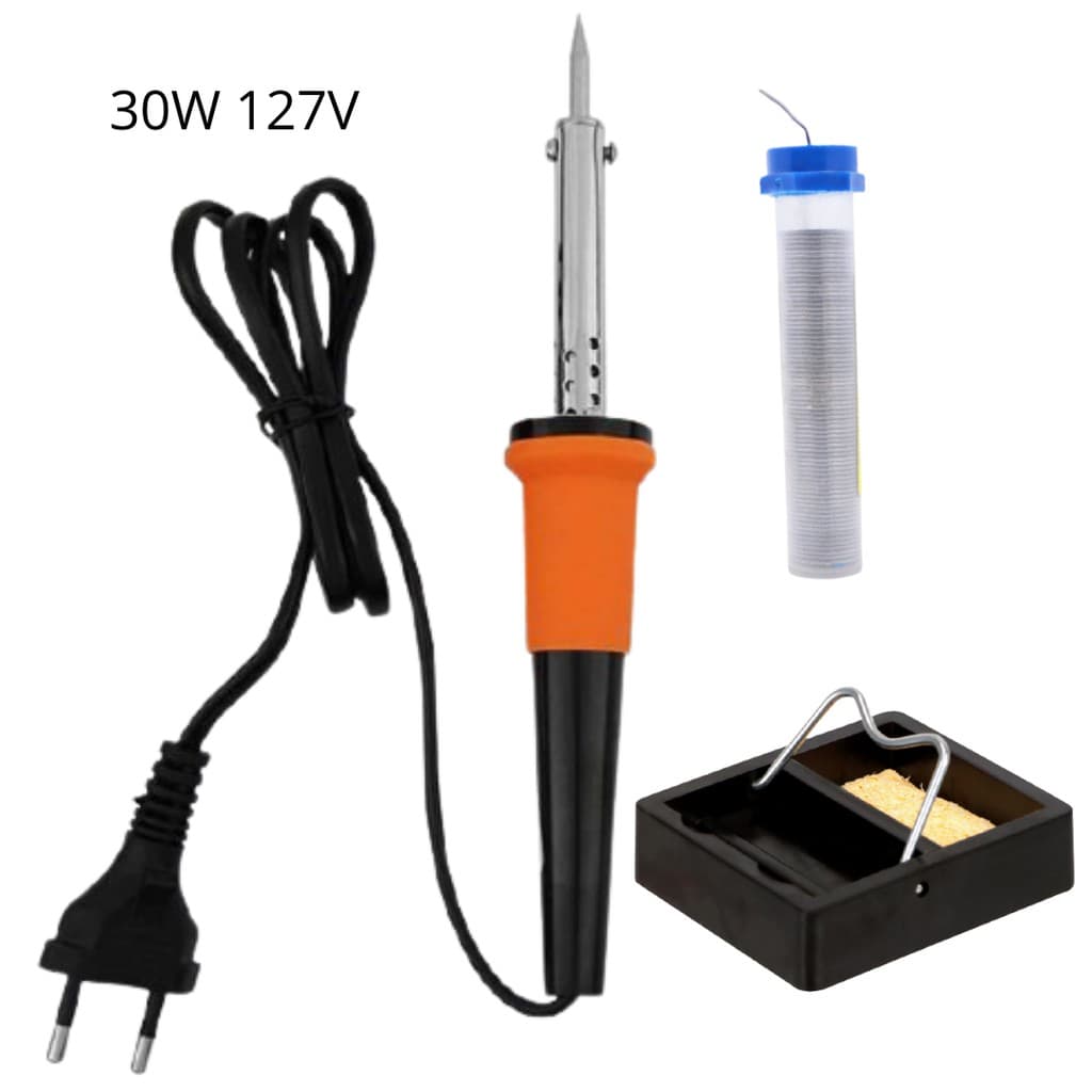 Kit Solda Ferro de Soldar 30W 127V + Suporte de Ferro + Solda Estanho + Esponja Vegetal - Não é bivolt - Cor Sortida