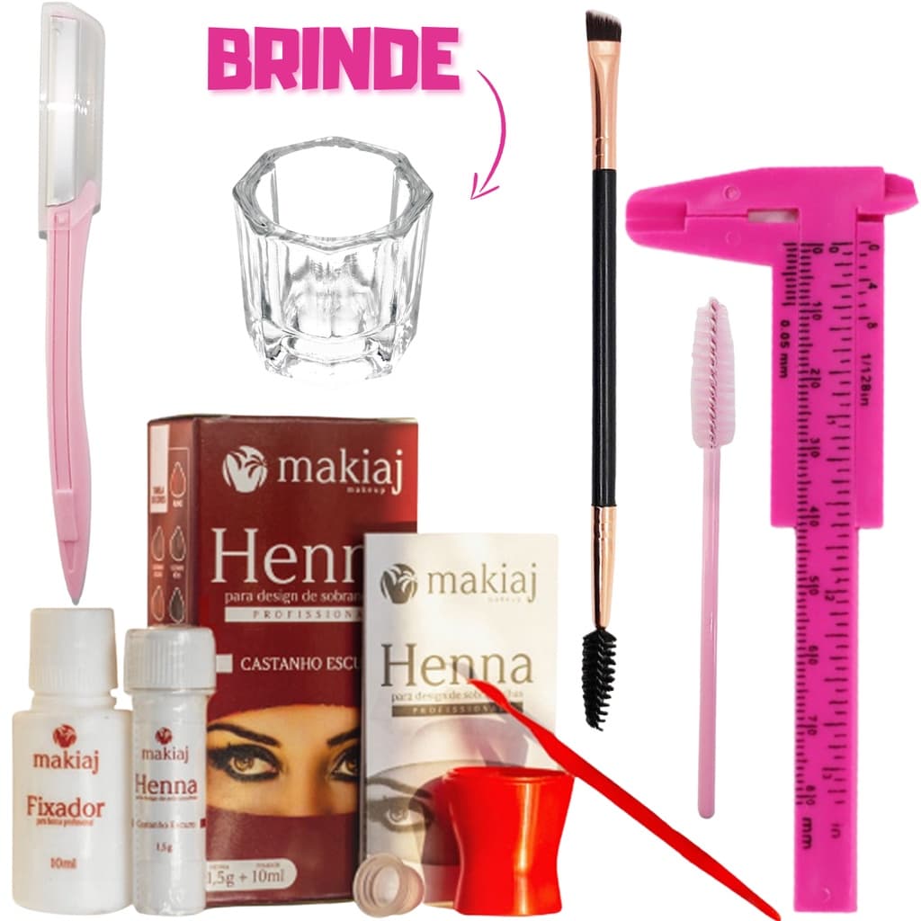 Kit Renna Sobrancelhas henna Makiaj f + Paquimetro 8cm + 1 Navalha + Escovinha cilios e sombrancelhas + Pincel Completo