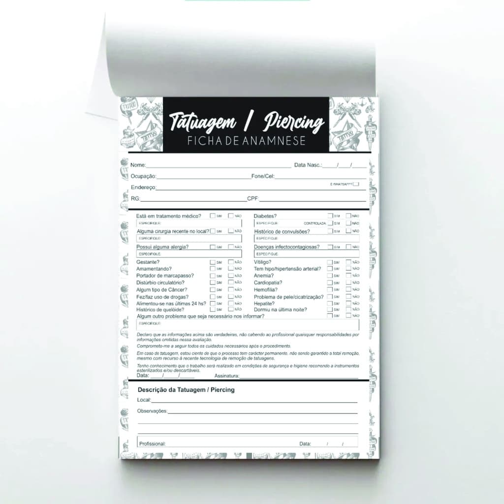 Ficha Anamnese Tatuagem Piercing Tattoo Bloco 50 Folhas