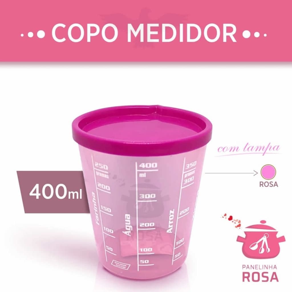 Copo medida com tampa na cor rosa 400 ml - sua receita na media certa e para armazenamento de alimentos