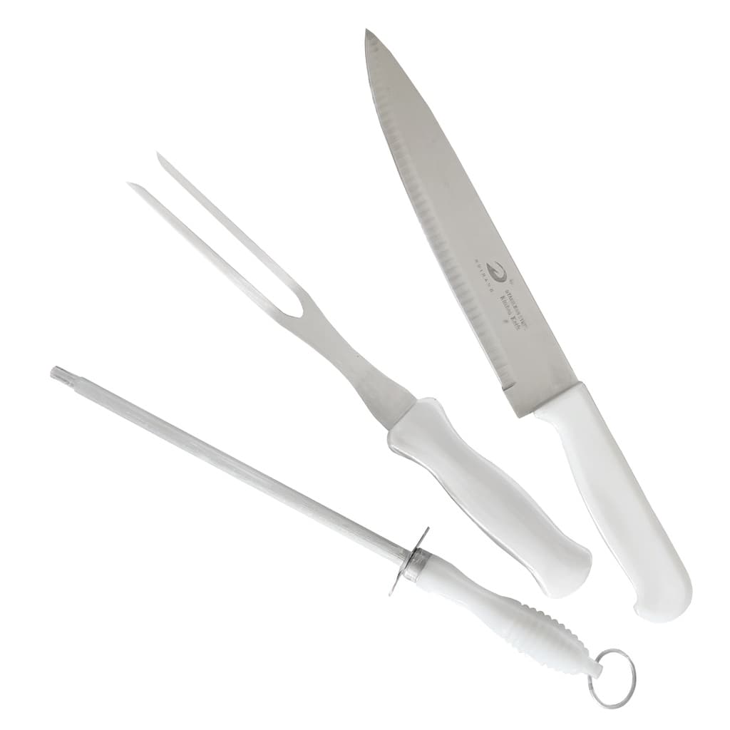 Kit de Facas 3 Pecas Faca do Chef Garfo e Chaira Cabo Branco
