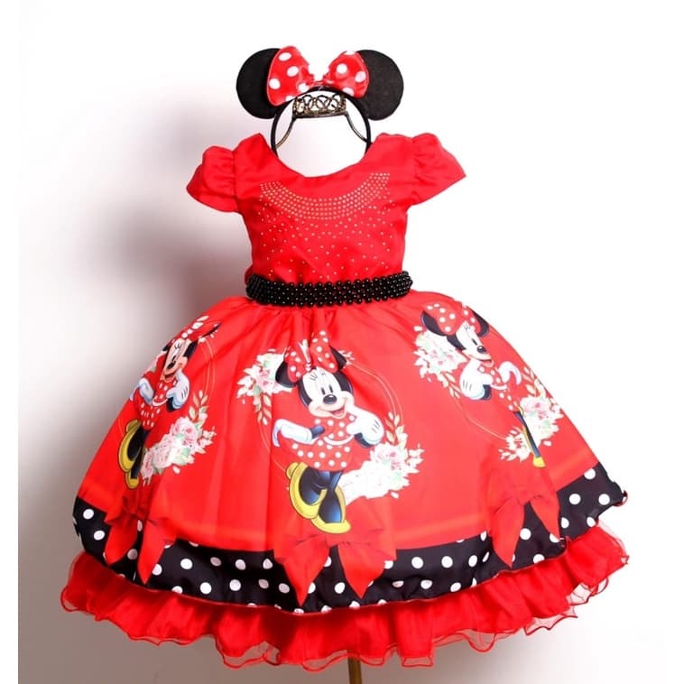 Vestido Infantil Minnie Vermelha Tema Festa Aniversario Com Tiara De Orelhinha