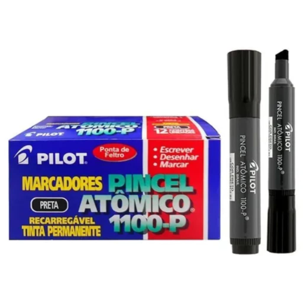 Pincel Atômico Pilot 1100 Cx. 12 unidades - Marcador Permanente Recarregável Qualidade Pilot 1100-P - Preto