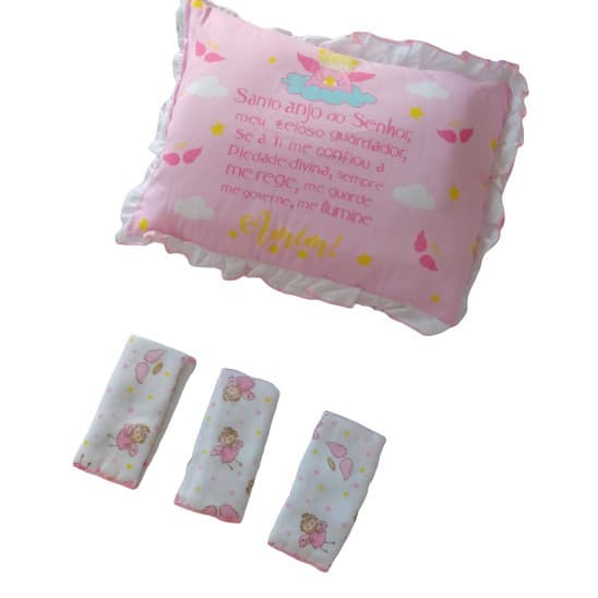 Kit Enxoval Bebê Travesseiro e Toalha de Boca Santo Anjo Presente Chá de Bebê 4 peças