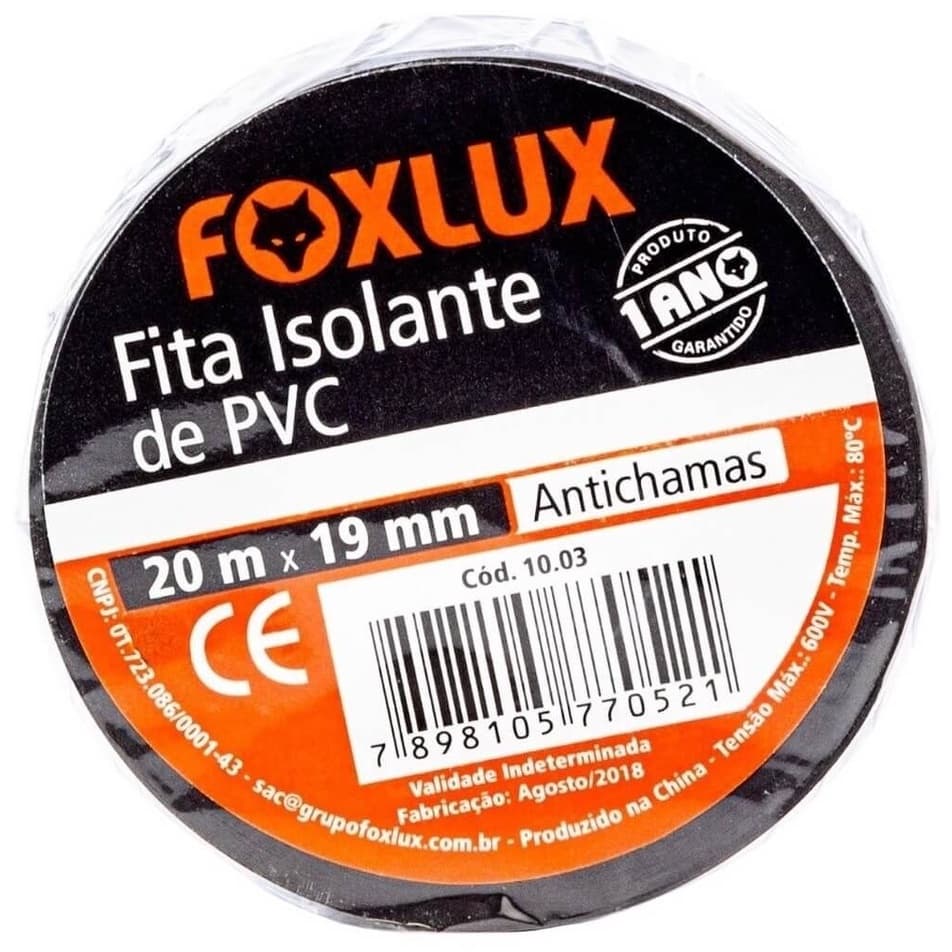 Fita Isolante Foxlux 05M 10M e 20M x 19 mm  Preto Antichamas e Flexível