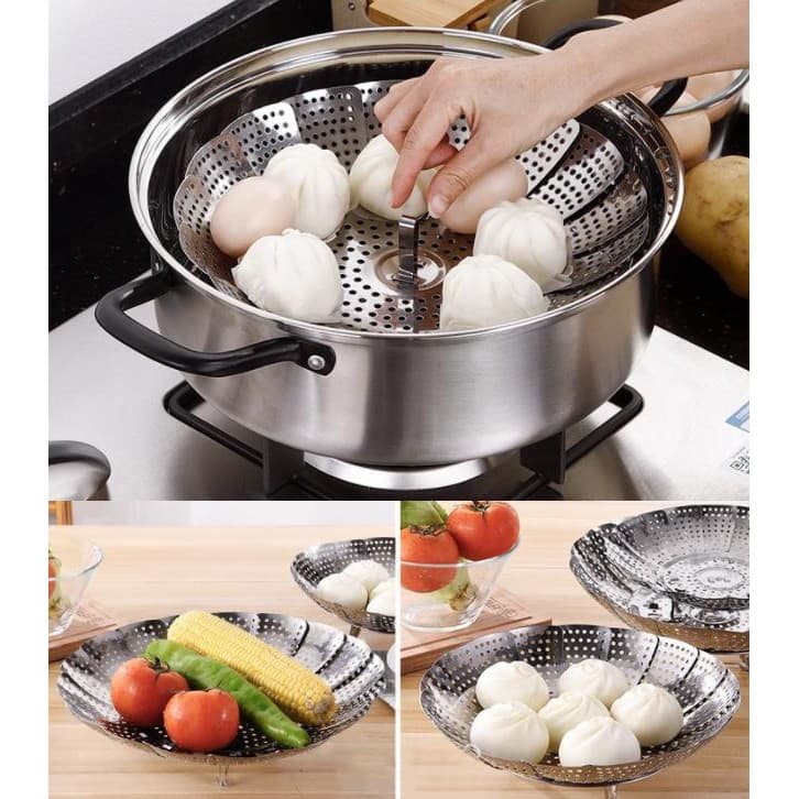 Cesto De Aço Inox Para Cozimento A Vapor Retrátil Cozinha