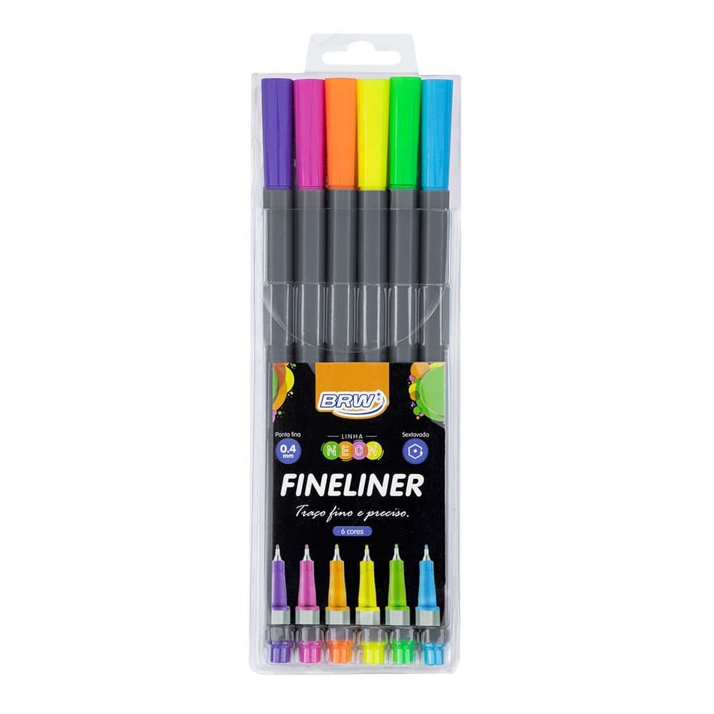 Caneta Colorida Ponta Fina Fineliner BRW Neon 0.4mm com 6 Cores