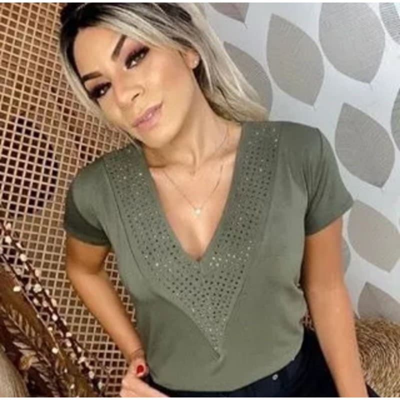Blusa Manga Curta Feminina Gola V Brilho Verão Menor Preço Envio Imediato
