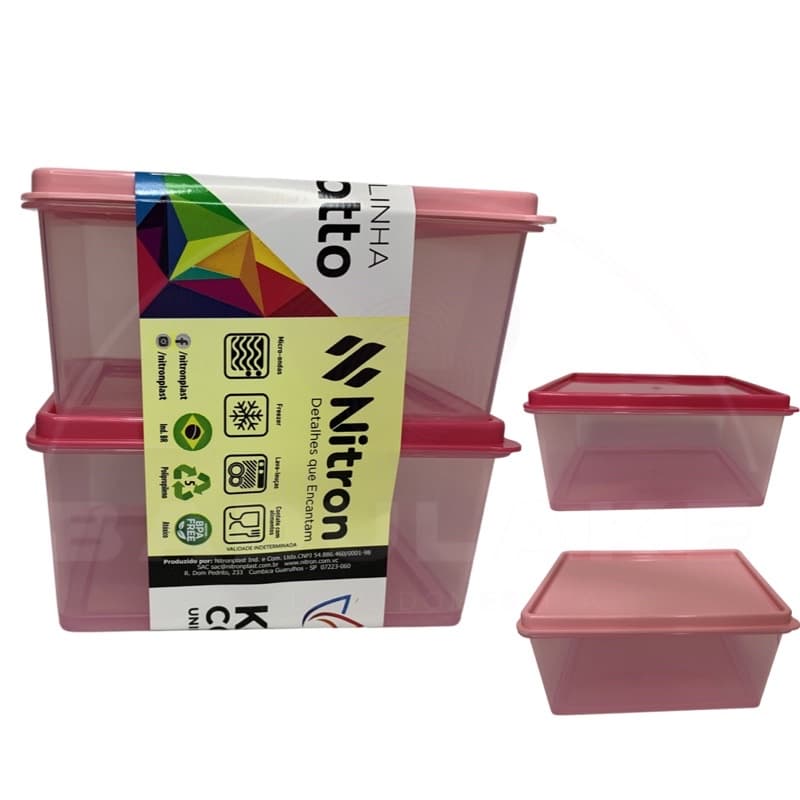 Pote Fit Retangular transparente rosa kit com 2 peças ou unidade