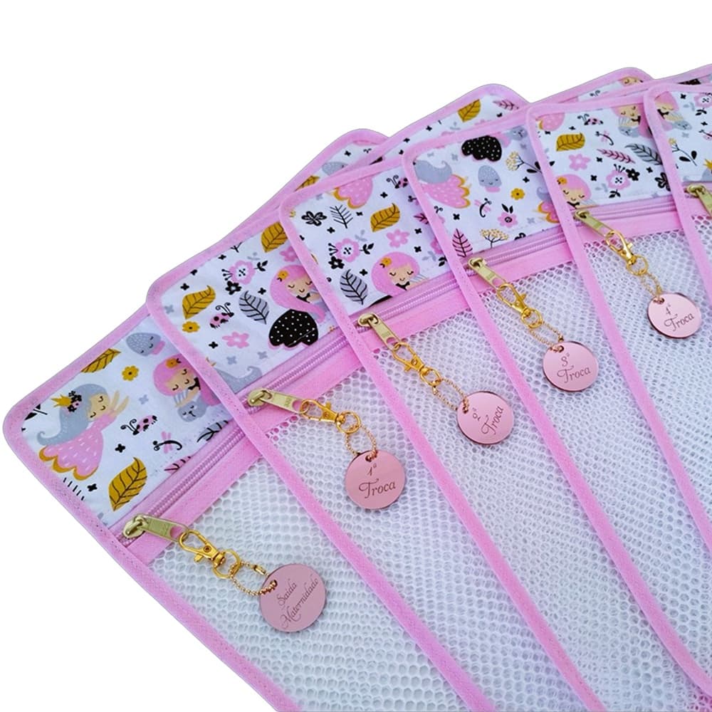 Saquinho Maternidade Organizador Kit com 6 Unidades Para Bolsa Maternidade Escolinha Pingente Rose