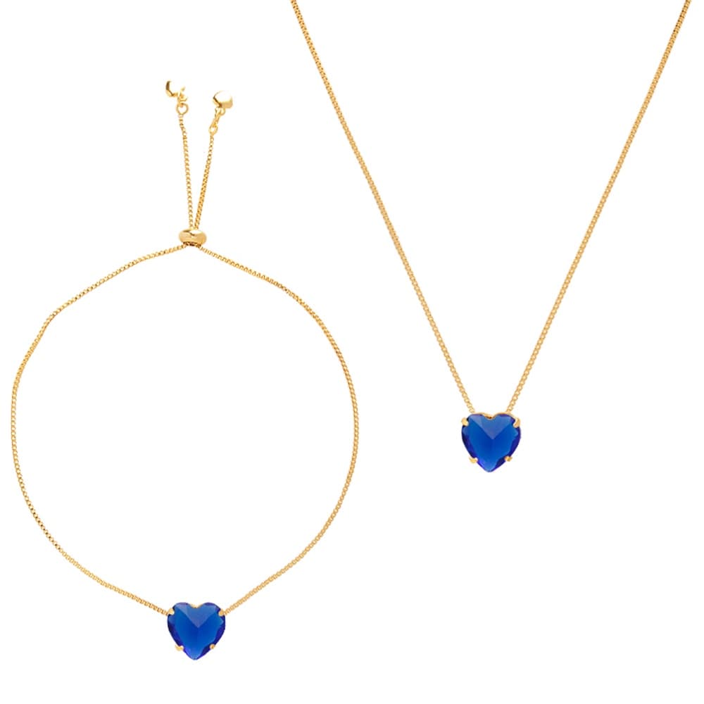 Conjunto Colar E Pulseira Pedra Azul Royal Folheado A Ouro