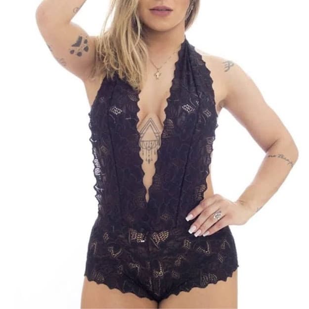 Body em Renda Shortinho Frente Única, Cor Preto, Tamanho M (36/38)