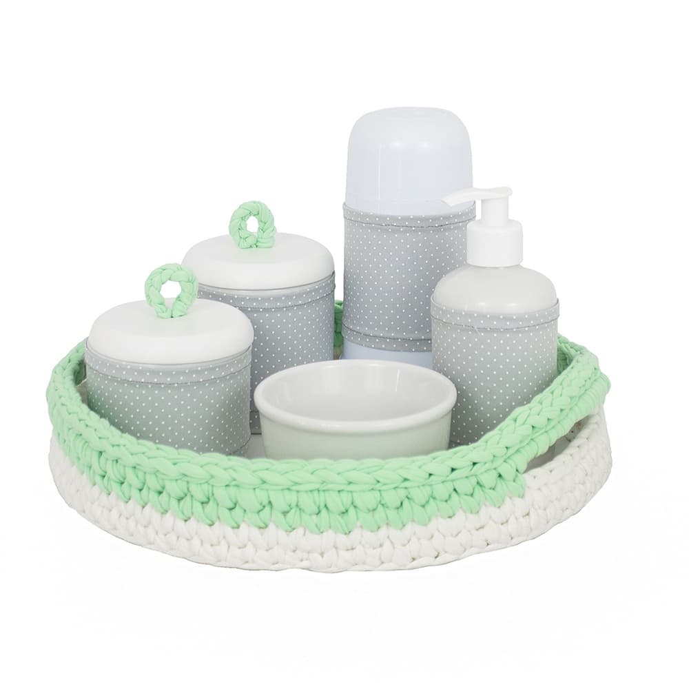 Kit Higiene Croche Com 6 Pecas e Garrafa Pequena Verde Quarto Bebe