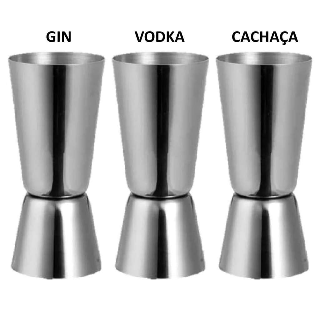 kit 3 Copos Dosadores Duplos Aço Inox para Bebidas 20/40ml 50/100ml