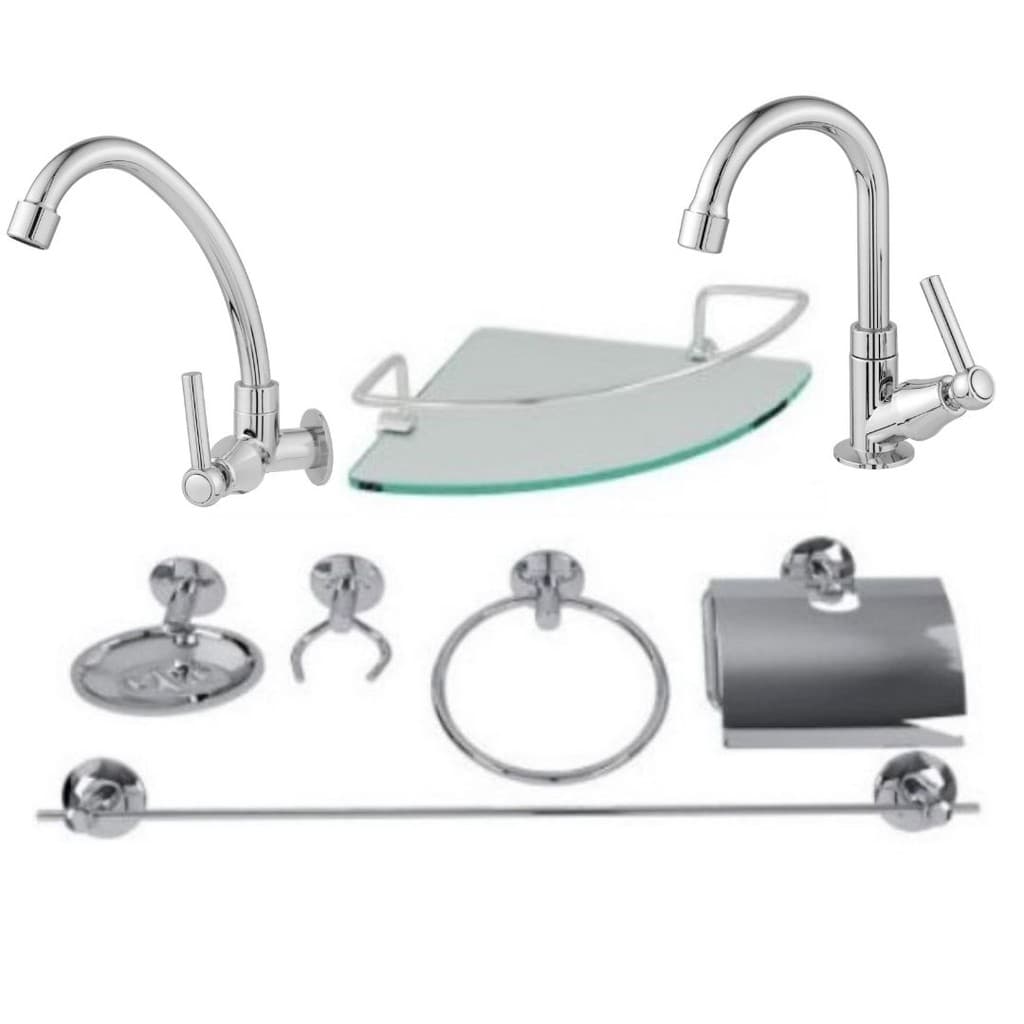 Kit acessórios para banheiro 6 peças aço inox com porta shampoo canto+ 1 torneira para banheiro + 1 torneira de cozinha parede