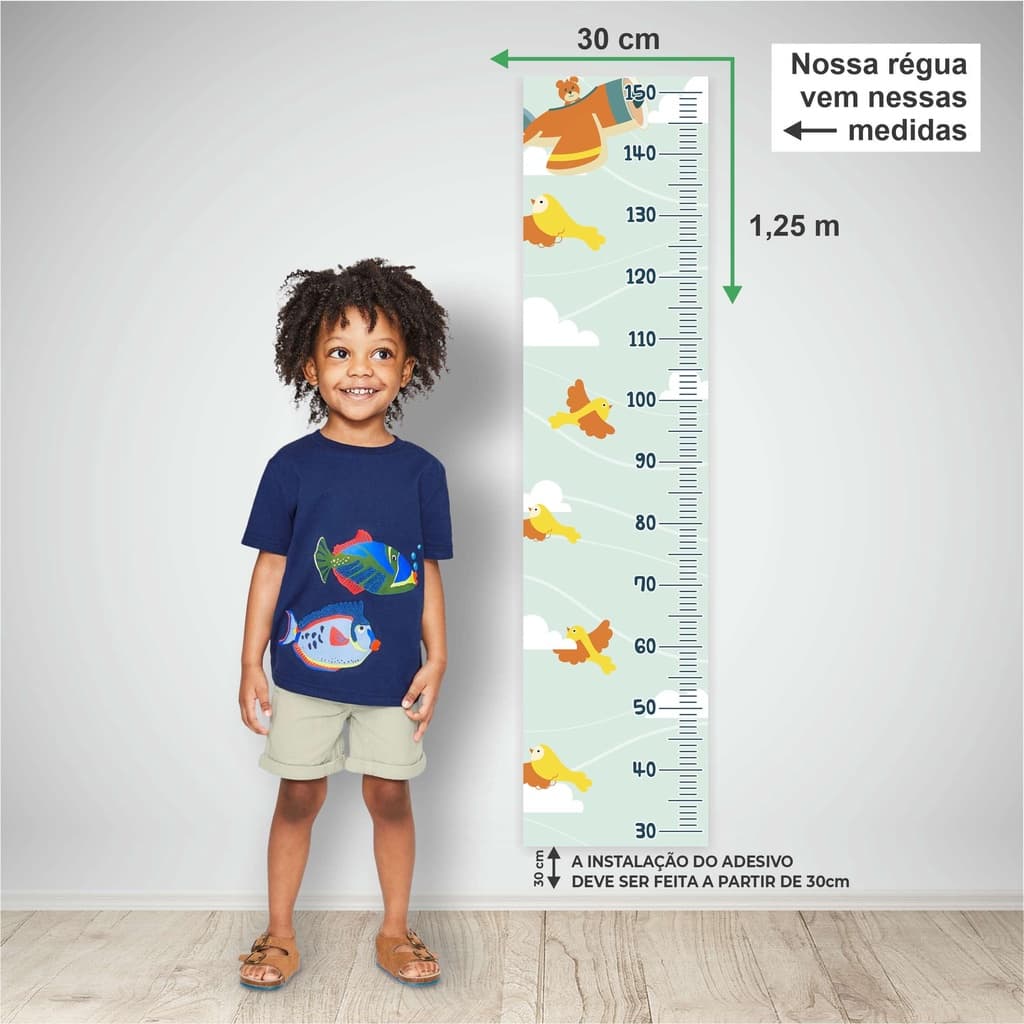 Régua de Crescimento Urso no Aviío e Passarinhos Voando