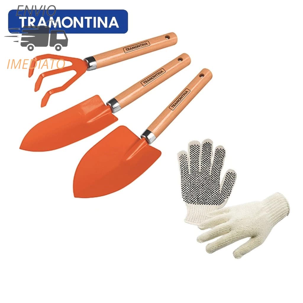Conjunto para Jardinagem Peças Metálicas com Cabo de Madeira 3 Peças Tramontina + Luva de Segurança
