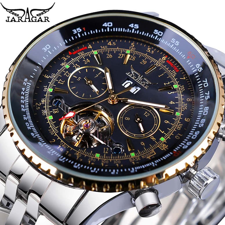 Relógio Mecânico Jaragar Marca De Grande Discagem Tuo Flywheel Oco Automático Multifuncional Luminoso De Banda De Aço À Prova D'água GMT976