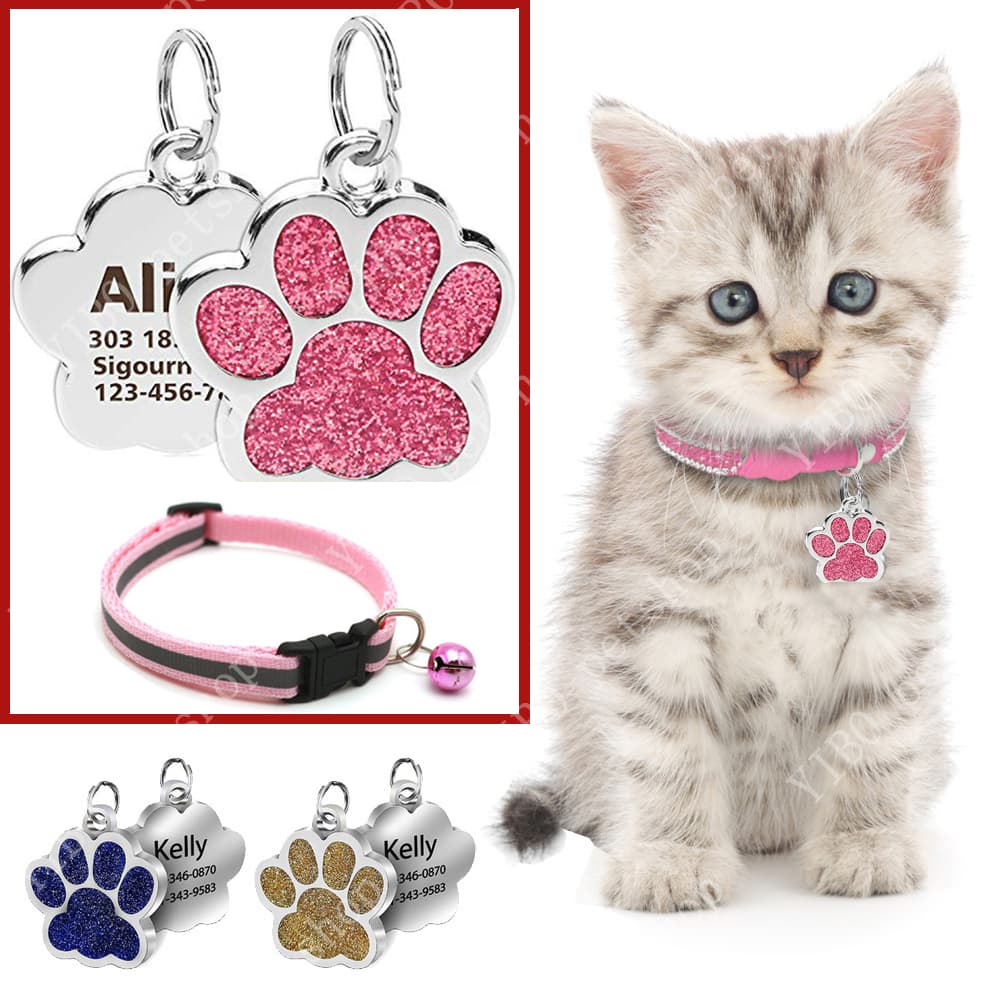 Etiquetas Personalizadas De Cachorro Gato Gravado Nome ID Coleira Pingente Acessórios Pata Glitter