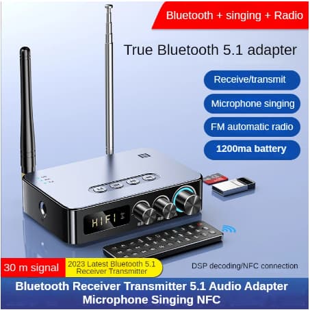 Novo 5.1 Receptor Bluetooth Transmissor 3.5mm AUX RCA Rádio FM Cantando M9Pro 3-Em-1 NFC Adaptador De Áudio DSP Sem Fio