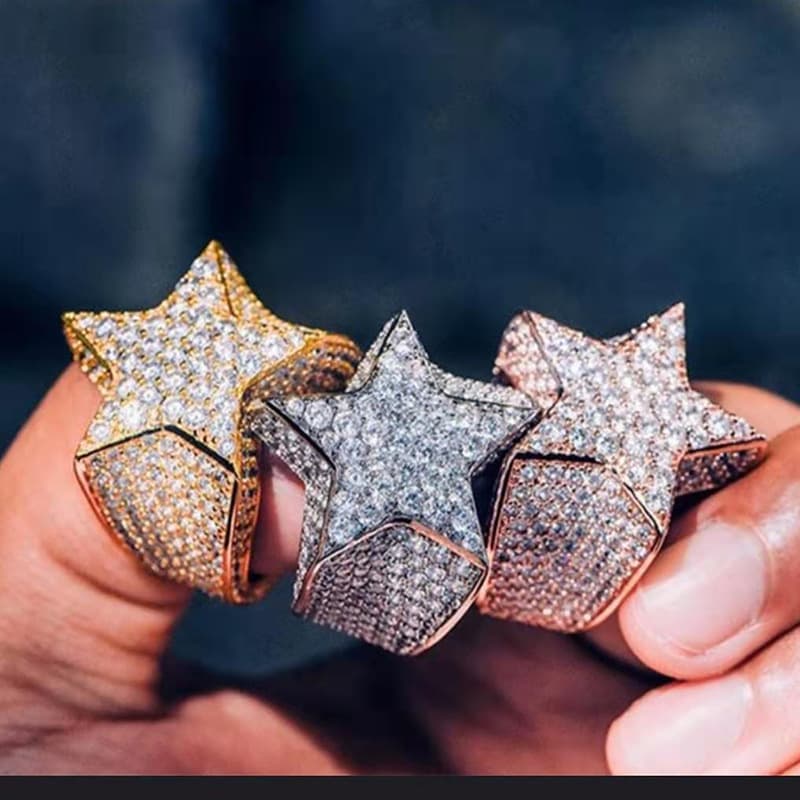 Novo Hip Hop Micro Conjunto De Diamante Completo Zircon Pentagrama Anel Europeu Americano Masculino